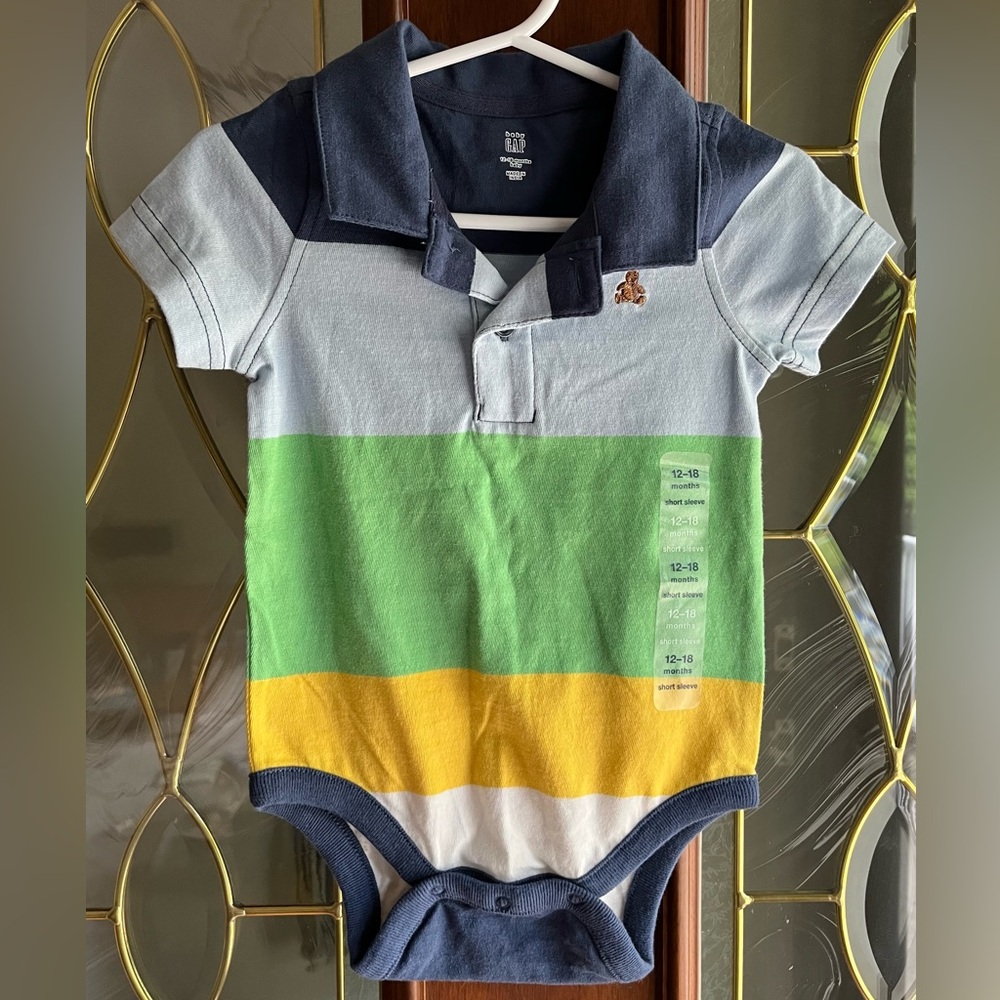 Gap 100% Cotton Colorblock Striped Polo Shirt Bodysuit Onesie Baby Boy 12-18M